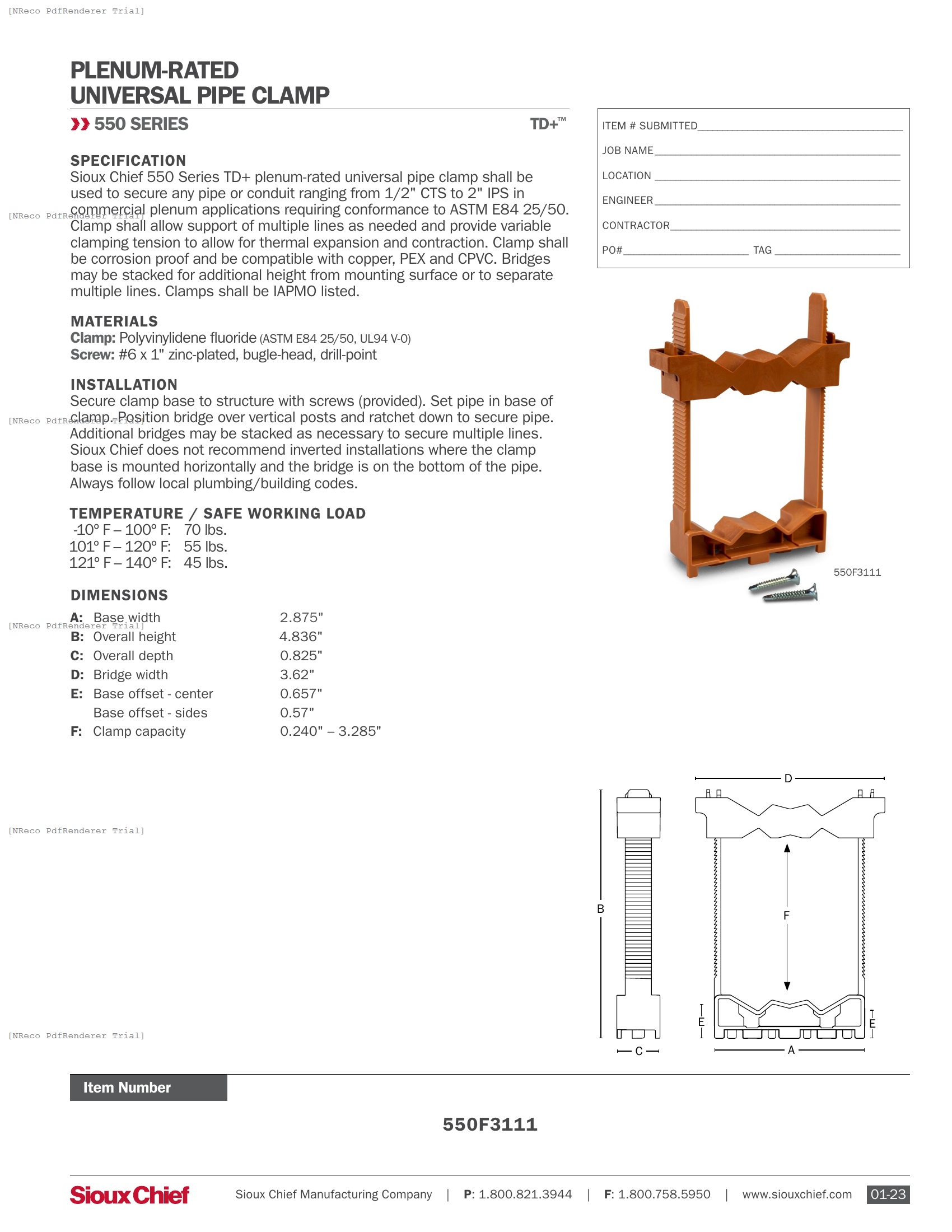 550F3111 - TDPLUS PLENUM-RATED UNIVERSAL PIPE CLAMP - SPEC SHEET.PDF Specification Document